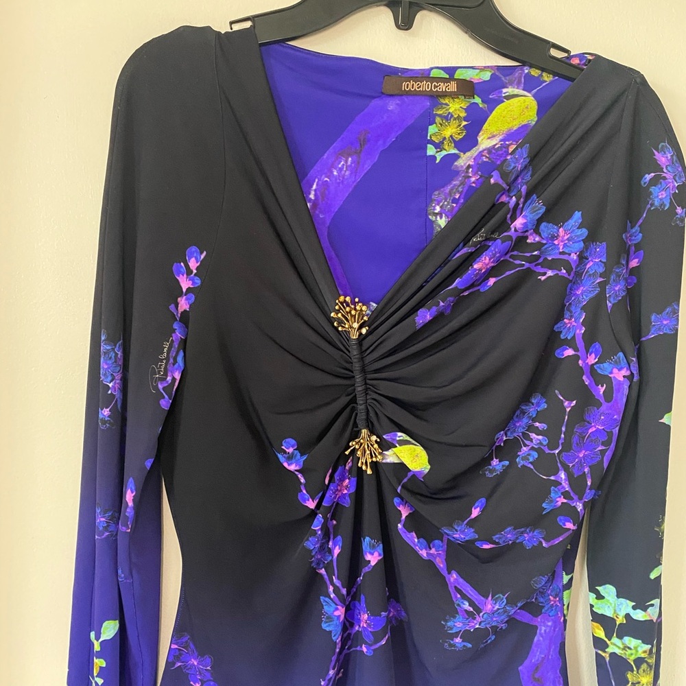 Roberto Cavalli Purple Floral Print Jersey Ruched Top - Picture 7 of 9